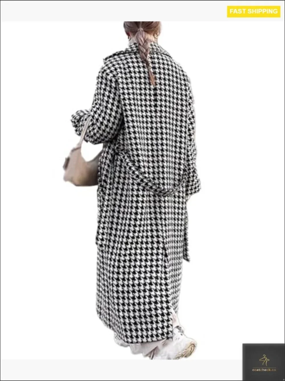 Houndstooth Wool Blend Trench Coat Double Breasted Pea Coat Classic Elegant_2